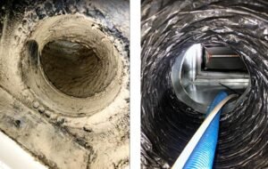 Comparison of dirty and clean air ducts before and after professional cleaning.