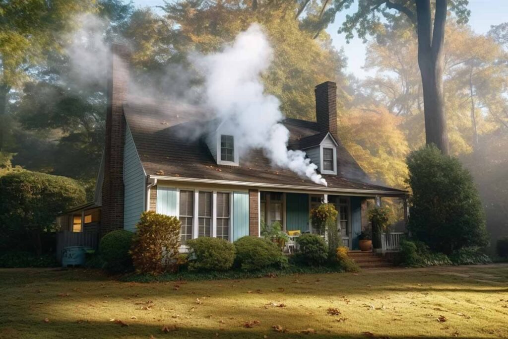 Smoke billowing from a residential house in Atlanta, indicating potential issues with the HVAC system or air ducts.