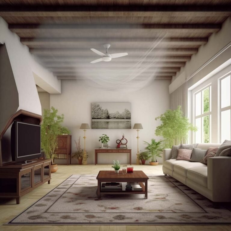 Clean and well-ventilated living room with a ceiling fan, showcasing the benefits of air duct cleaning.