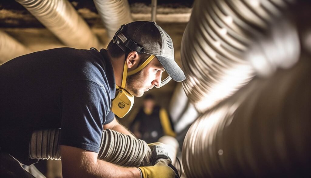 Professional air duct cleaning technician performing service
