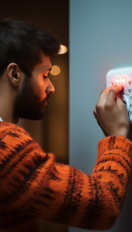 Man adjusting a digital thermostat to set air conditioning temperature.