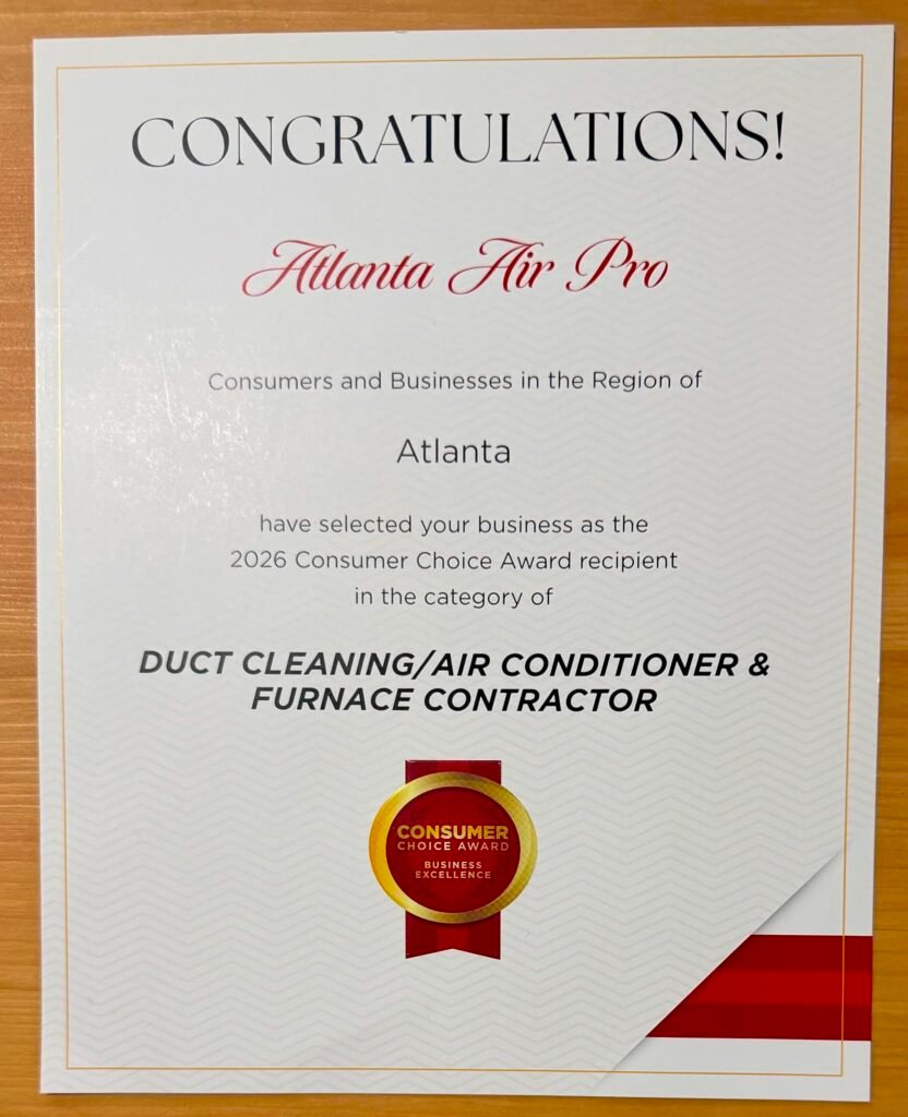 Atlanta air pro 2026 Consumer Choice Award Recipient Certificate