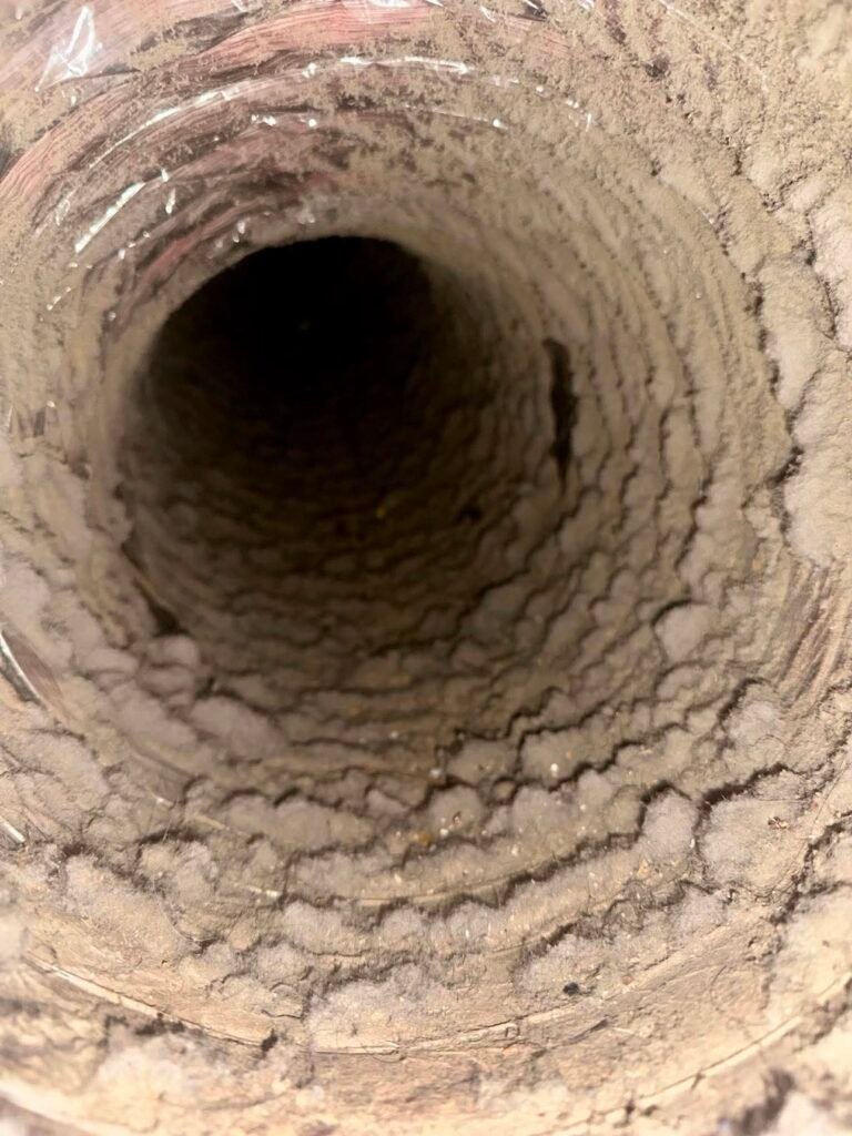 Dense layers of dust coating the interior of a residential flexible air duct before professional cleaning